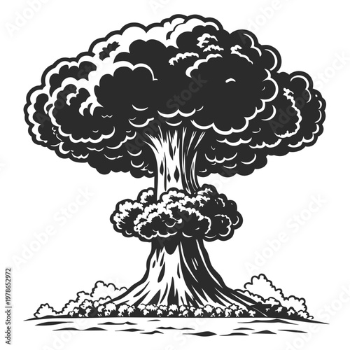Mushroom Cloud, Explosion Illustration, Black and White Vector, Atomic Blast