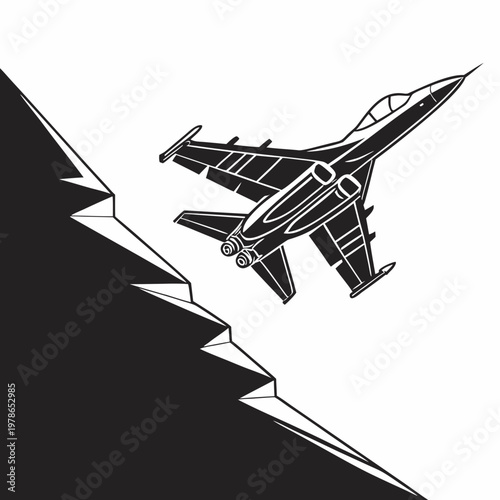 Fighter Jet, Military Aircraft, Black and White Illustration, Aviation Icon