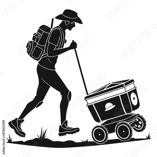 Hiking, outdoor, cooler, cart, vector, illustration, black, silhouette, man, backpack, camping, recreation