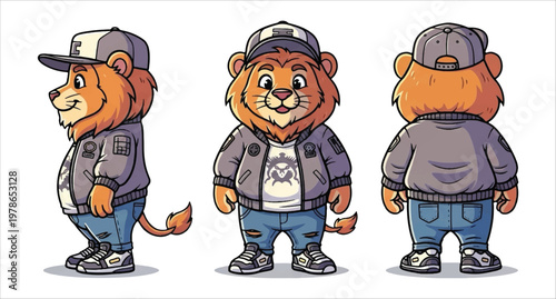 Friendly Cartoon Lion Character Illustration Showing Different Angles and Poses for Animation and Branding Vector Design