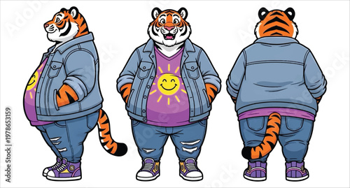 Adorable cartoon tiger wearing denim jacket and smiling sun t-shirt, shown from three different angles for character design reference vector design