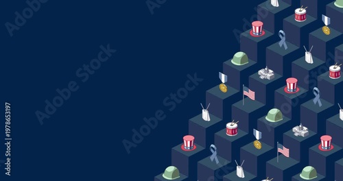 Colorful veteran's day and memorial day title page of isometric loop animation on dark blue geometric background