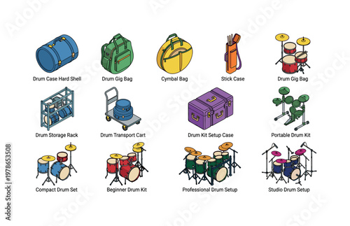 Drum case hard shell, drum gig bag, cymbal bag, stick case, drum storage rack, drum transport cart, drum kit setup case, portable