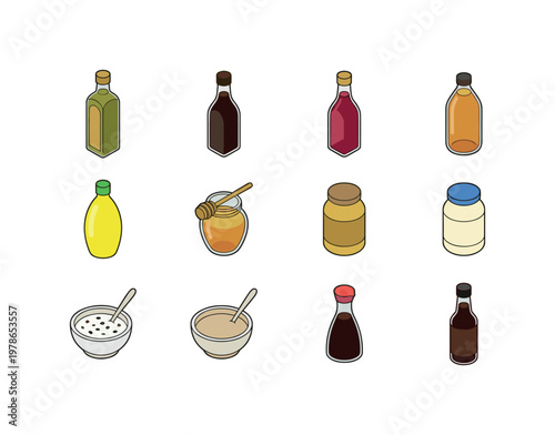 Colorful collection of condiments and sauces in flat design