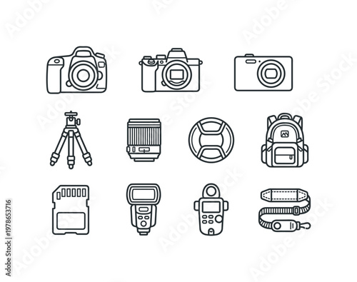 A photographer’s gear composition featuring a DSLR camera, mirrorless camera, compact camera, tripod, camera lens, lens cap,