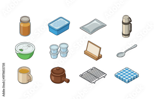 Collection of isometric kitchen and food storage items for meal prep and organization