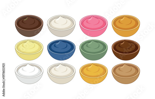 Colorful bowls of creamy spreads in various flavors and textures