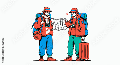 Cartoon business travelers vector illustration, red and blue tourism characters with backpacks and suitcase on white background. Hand drawn travel people clipart for trip ads