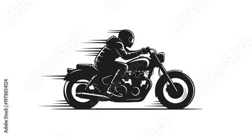 Vintage motorcycle silhouette vector in black, classic motorbike rider illustration with speed lines and smoke. Retro biker clipart for logo design, t-shirt print, decals, posters