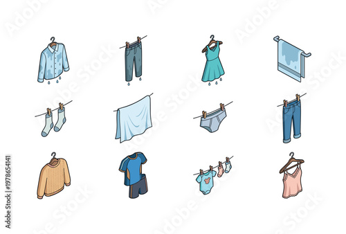 Wet shirt hanging, wet pants hanging, wet dress hanging, wet towel hanging, drying socks pair, drying bedding sheet, drying