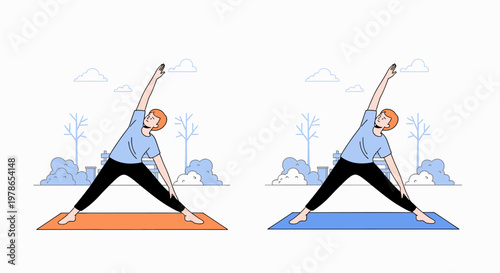 Minimalist yoga silhouette vector illustration, woman in side angle pose on orange and blue mat with clouds and leaves, wellness exercise graphic for app UI, posters, branding