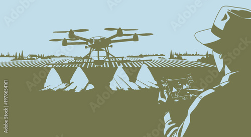Retro vector illustration of agricultural drone spraying crops, farmer in hat watching field at dusk. Two-tone green farmland landscape graphic for farming technology ads and posters