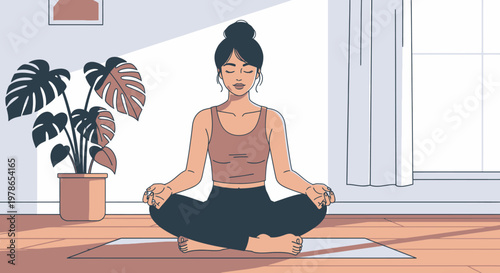 Modern flat yoga illustration, meditating woman in lotus pose on mat indoors, calm minimalist home workout vector art in warm beige tones for wellness app, blog header