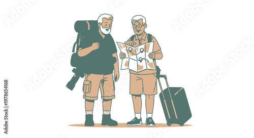 Minimalist flat vector illustration of two male tourists with luggage, casual summer travel characters in beige and green, modern outline style for tourism ads, web, apps