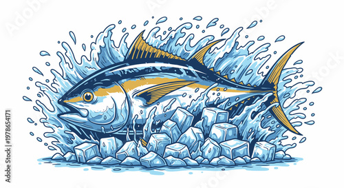 Vintage bluefin tuna vector illustration, hand drawn engraved fish with ice cubes and water splash in blue and yellow. Seafood market logo emblem, fishing label design