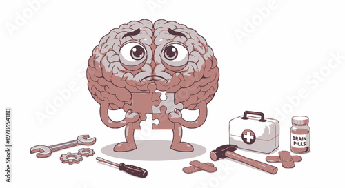 Cartoon brain character with medical tools and pills, pink organ mascot in flat vector illustration. Healthcare neurology concept, mental health treatment symbol for posters, ads
