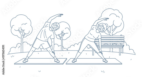 Minimal line art outdoor workout illustration in blue, stretching people in park, healthy lifestyle fitness vector with bench and trees for wellness, sport banner and app UI