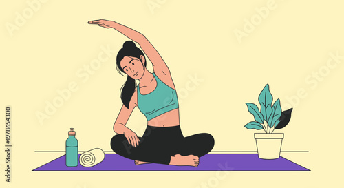 Flat yoga class illustration, woman stretching in seated pose on purple mat with water bottle and towel, minimalist home workout vector art for wellness app, fitness banner, poster