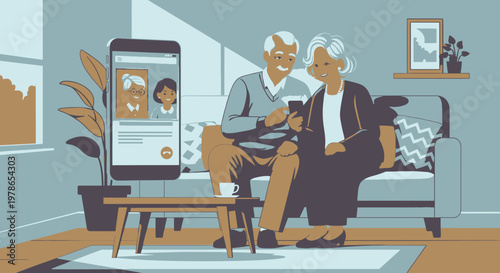 Flat vector elderly couple on sofa with smartphone and social media chat interface, modern living room interior in pastel colors, senior online communication concept for web banner