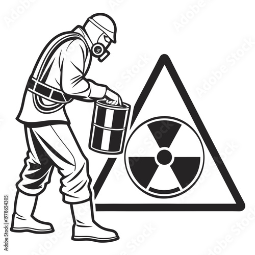 Radiation, biohazard, and hazardous materials handling, industrial safety vector illustration, hazmat worker with warning sign