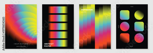 Abstract gradient poster background vector set. Minimalist style cover template with vibrant perspective 3d geometric prism shapes collection. Ideal design for social media, cover, banner, flyer.