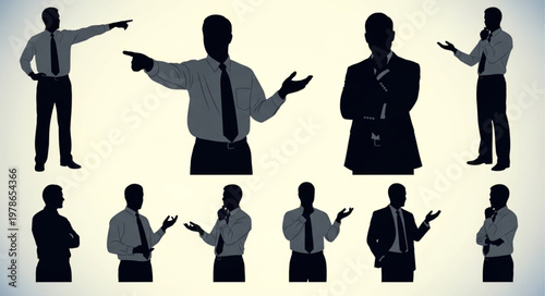 Multiple business man silhouette poses showing leadership gestures.