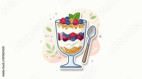 Healthy berry and granola parfait with fresh mint in a stemmed glass with a spoon