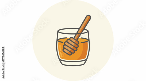 Sweet golden honey in a clear glass with a wooden dipper, representing natural sweetness and a healthy food ingredient. A delightful and pure culinary staple for various uses