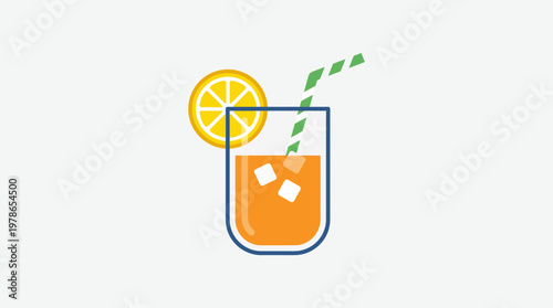 Refreshing orange juice in a tall glass with ice cubes, a green straw, and a vibrant orange slice garnish, depicted in a clean and simple vector illustration perfect for summer beverages