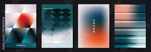 Abstract gradient poster background vector set. Minimalist style cover template with vibrant perspective 3d geometric prism shapes collection. Ideal design for social media, cover, banner, flyer.