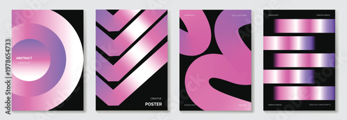 Abstract gradient poster background vector set. Minimalist style cover template with vibrant perspective 3d geometric prism shapes collection. Ideal design for social media, cover, banner, flyer.