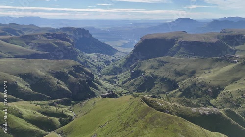 Aerial Green Valley In South Africa With Sweeping Hills And Deep River Gorge, Wide Panoramic Outlook From High