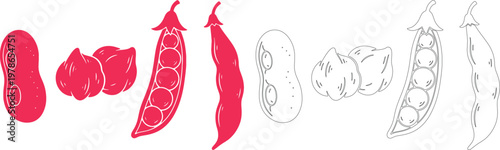 Red and black outline pea pods and peanuts peas