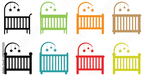 Colorful baby cribs with mobiles and stars and moons nursery furniture, cute infant bedroom vector illustration featuring cozy beds, hanging toys and playful decor for childcare, nursery interiors and