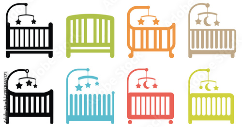 Colorful baby cribs with mobiles and stars and moons nursery furniture, cute infant bedroom vector illustration with playful hanging toys, cozy sleeping beds and decorative elements for childcare 