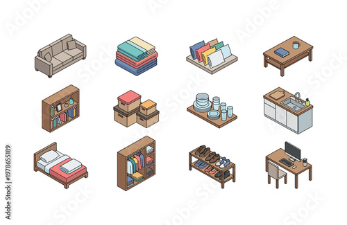 Stylish isometric furniture and home decor for interior design projects