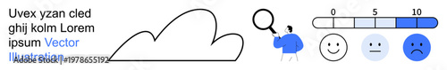 Customer feedback, user satisfaction, data analysis, survey results, performance evaluation, quality measurement. Person inspecting satisfaction scale with mood icons. Customer feedback and user
