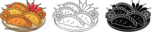 Empanadas silhouette & Outline and illustration set isolated on transparent background