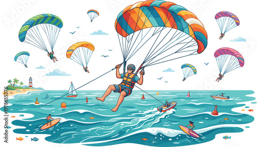 Parasailing Adventure Illustration with Colorful Parachutes, Ocean Waves, Boats, Surfers, and Beach Coastal Scene for Summer Water Sports Design