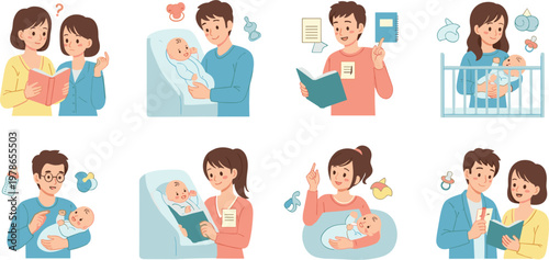 Parenting and Baby Care Illustration Set with Mothers, Fathers, Newborns, Feeding, Learning, and Family Lifestyle Scenes for Childcare Design