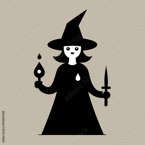 A witch silhouette holding a potion and dagger on a beige background.
