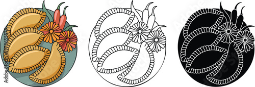 Empanadas silhouette & Outline and illustration set isolated on transparent background