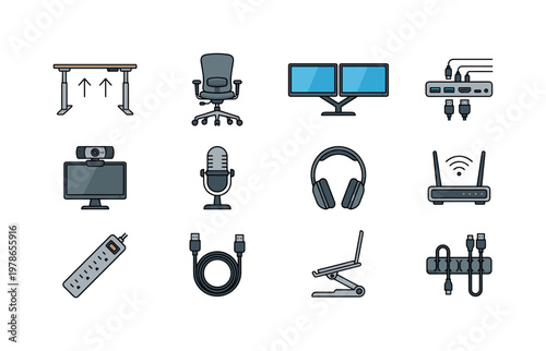 Remote work setup essentials with standing desk, office chair, dual monitors, docking station, webcam, microphone, headphones,