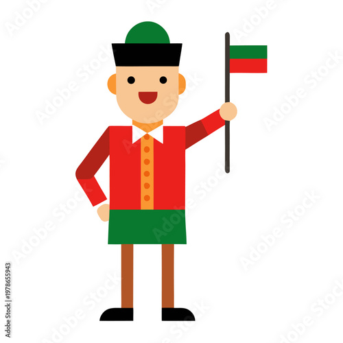 Bulgarian man in red vest and green pants with a national flag.