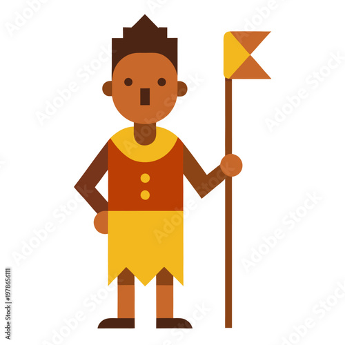 Himba tribe man in red tunic and yellow skirt with a flag.