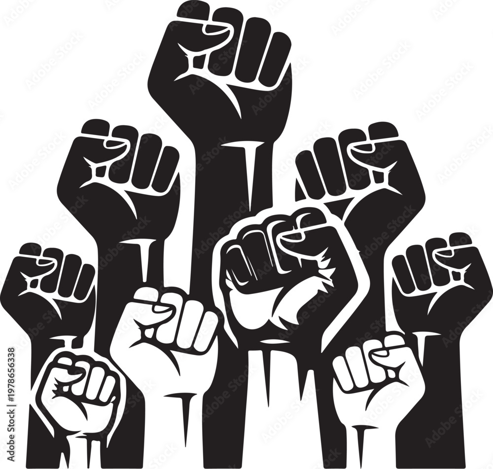 Obraz premium group of raised fists in solidarity protest illustration on white background