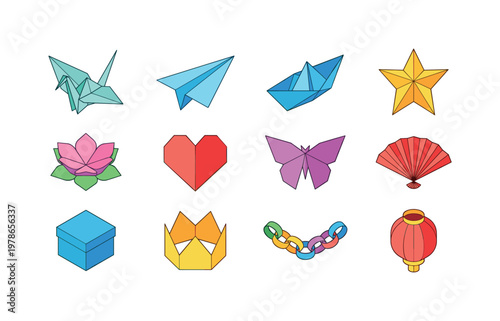 Origami paper crane, paper airplane, folded paper boat, paper star, paper flower, paper heart shape, paper butterfly, paper fan,
