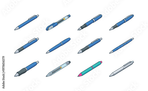 Ballpoint pen, gel pen, fountain pen, rollerball pen, click pen, cap pen, retractable pen, slim pen, thick grip pen, transparent