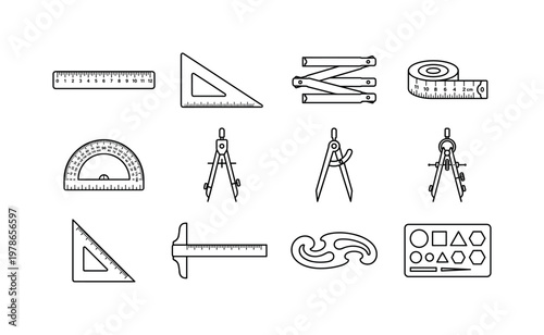 A rulers and compasses scene with a straight ruler, triangular ruler, folding ruler, measuring tape, protractor, compass, divider,