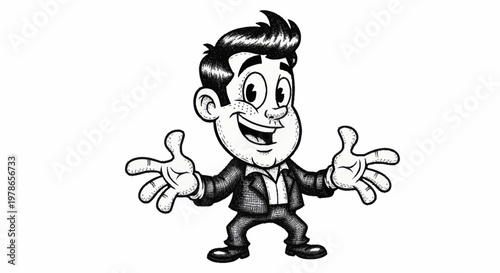 Smiling Cartoon Businessman in Suit Gesturing.